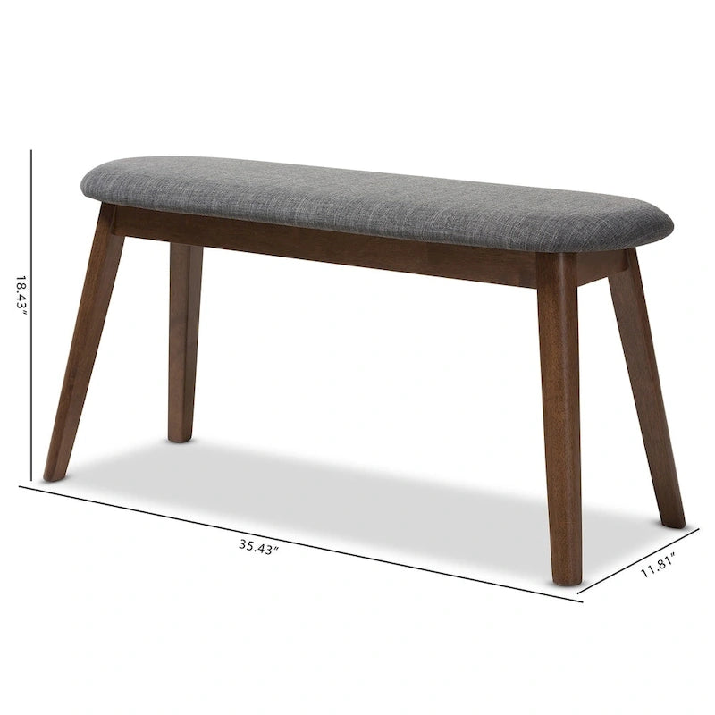 Banc de salle à manger rembourré du milieu du siècle, tissu polyester, rembourrage en mousse, pieds en hévéa finition noyer, anthracite / gris, pour 2 personnes