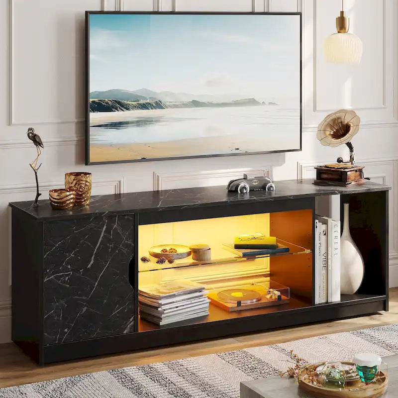 Meuble TV de 58 po, convient aux téléviseurs jusqu'à 65 po, bande lumineuse RVB, tablette réglable en verre trempé, armoire fermée, rangement vertical, marbre noir/blanc délavé, utilisation par 1 personne