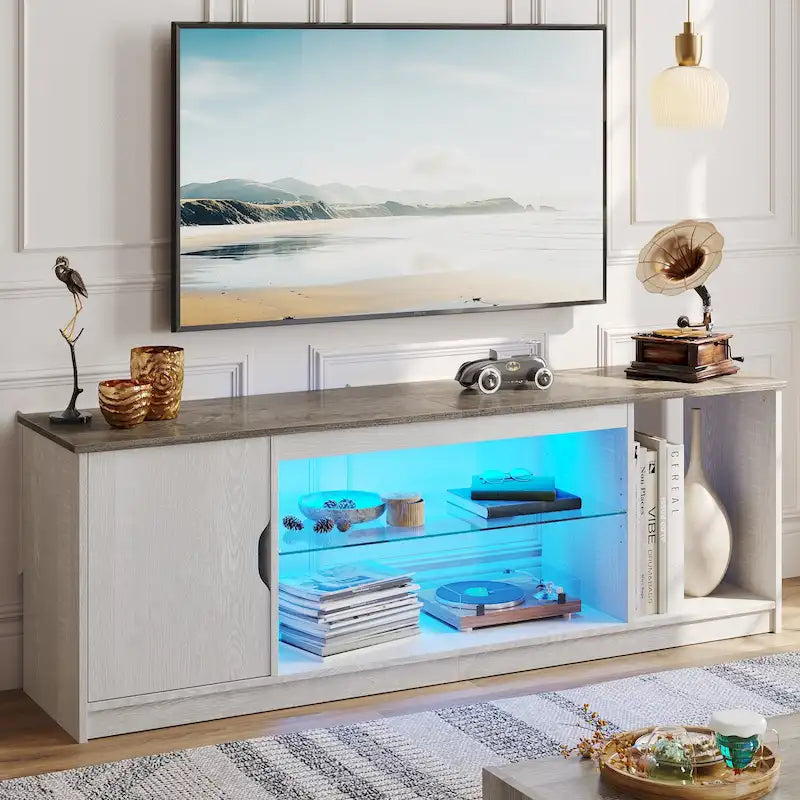 Meuble TV de 58 po, convient aux téléviseurs jusqu'à 65 po, bande lumineuse RVB, tablette réglable en verre trempé, armoire fermée, rangement vertical, marbre noir/blanc délavé, utilisation par 1 personne
