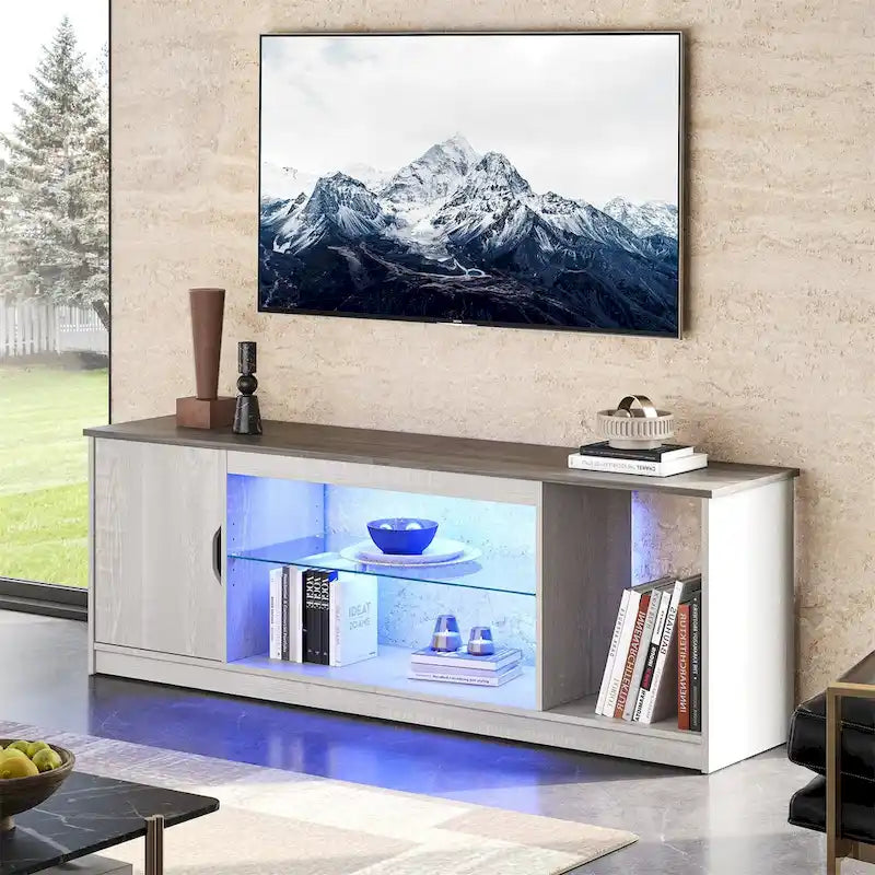 Meuble TV de 58 po, convient aux téléviseurs jusqu'à 65 po, bande lumineuse RVB, tablette réglable en verre trempé, armoire fermée, rangement vertical, marbre noir/blanc délavé, utilisation par 1 personne