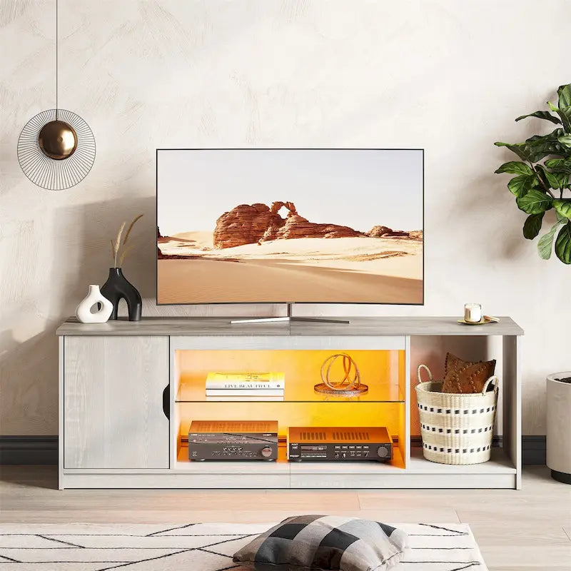Meuble TV de 58 po, convient aux téléviseurs jusqu'à 65 po, bande lumineuse RVB, tablette réglable en verre trempé, armoire fermée, rangement vertical, marbre noir/blanc délavé, utilisation par 1 personne