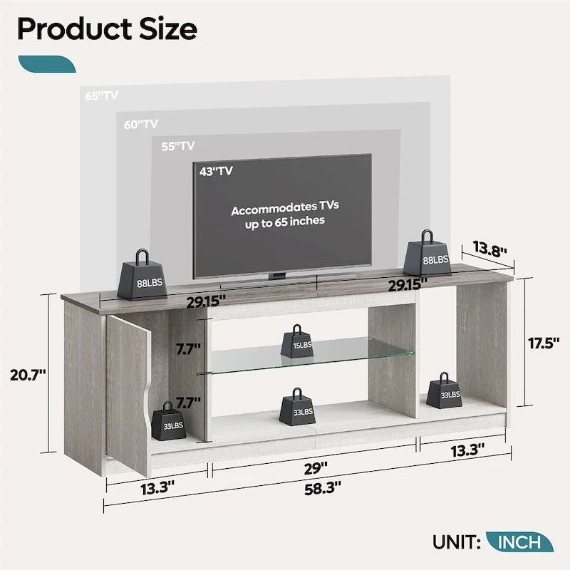 Meuble TV de 58 po, convient aux téléviseurs jusqu'à 65 po, bande lumineuse RVB, tablette réglable en verre trempé, armoire fermée, rangement vertical, marbre noir/blanc délavé, utilisation par 1 personne