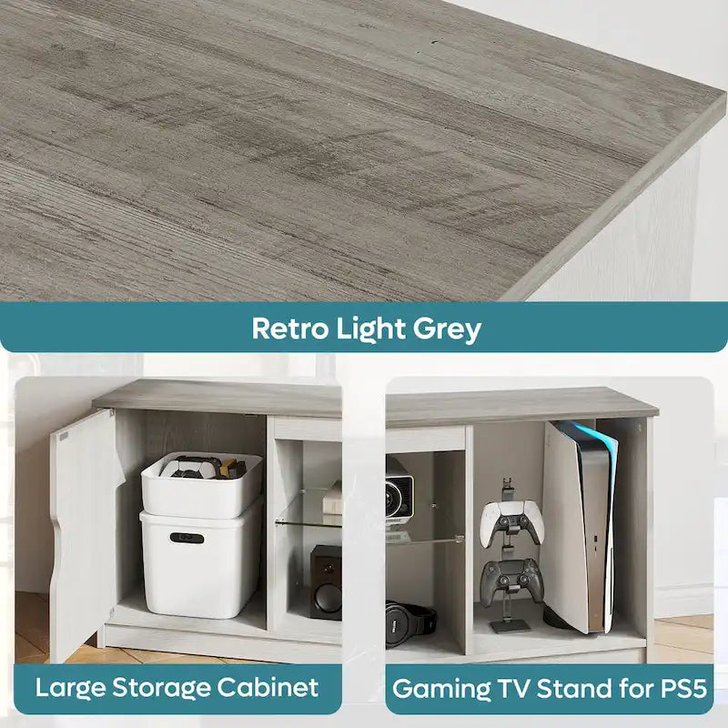 Meuble TV de 58 po, convient aux téléviseurs jusqu'à 65 po, bande lumineuse RVB, tablette réglable en verre trempé, armoire fermée, rangement vertical, marbre noir/blanc délavé, utilisation par 1 personne