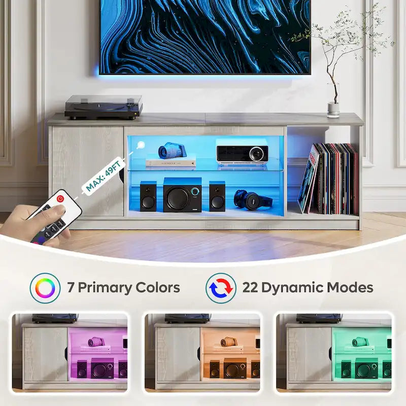 Meuble TV de 58 po, convient aux téléviseurs jusqu'à 65 po, bande lumineuse RVB, tablette réglable en verre trempé, armoire fermée, rangement vertical, marbre noir/blanc délavé, utilisation par 1 personne
