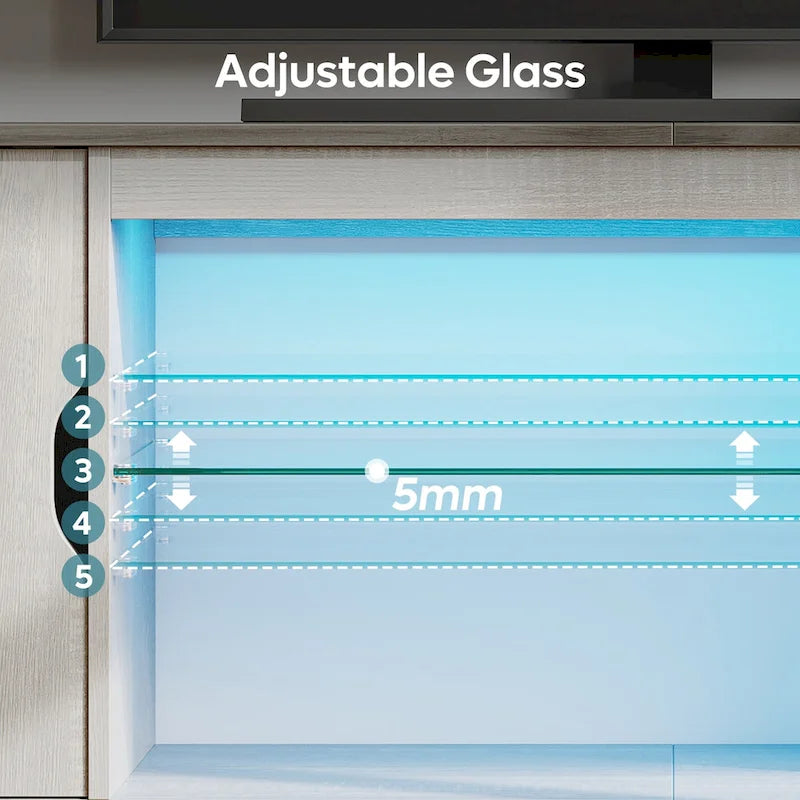 Meuble TV de 58 po, convient aux téléviseurs jusqu'à 65 po, bande lumineuse RVB, tablette réglable en verre trempé, armoire fermée, rangement vertical, marbre noir/blanc délavé, utilisation par 1 personne