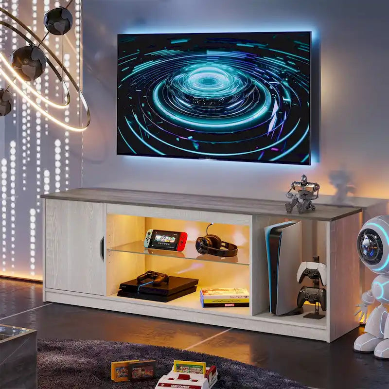 Meuble TV de 58 po, convient aux téléviseurs jusqu'à 65 po, bande lumineuse RVB, tablette réglable en verre trempé, armoire fermée, rangement vertical, marbre noir/blanc délavé, utilisation par 1 personne