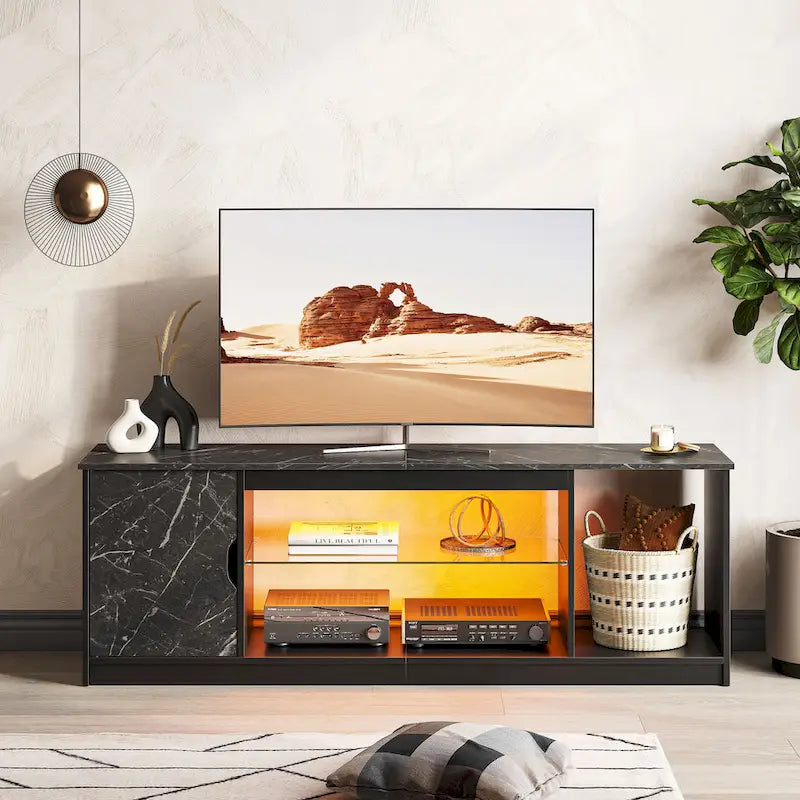 Meuble TV de 58 po, convient aux téléviseurs jusqu'à 65 po, bande lumineuse RVB, tablette réglable en verre trempé, armoire fermée, rangement vertical, marbre noir/blanc délavé, utilisation par 1 personne