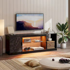 Meuble TV de 58 po, convient aux téléviseurs jusqu'à 65 po, bande lumineuse RVB, tablette réglable en verre trempé, armoire fermée, rangement vertical, marbre noir/blanc délavé, utilisation par 1 personne