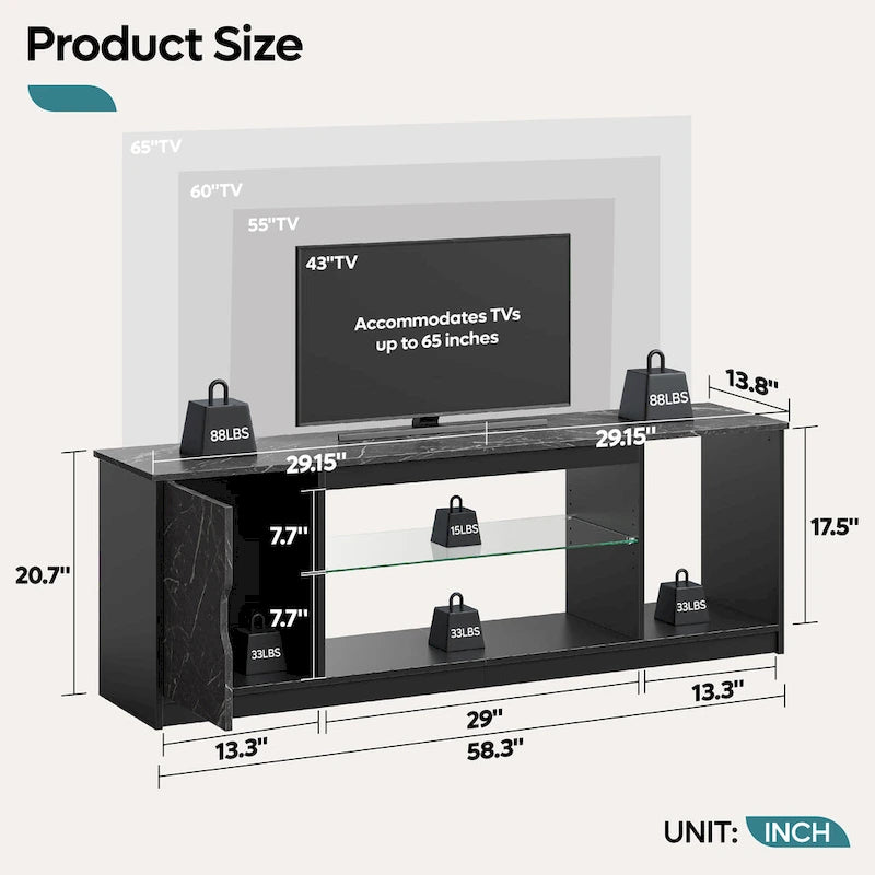 Meuble TV de 58 po, convient aux téléviseurs jusqu'à 65 po, bande lumineuse RVB, tablette réglable en verre trempé, armoire fermée, rangement vertical, marbre noir/blanc délavé, utilisation par 1 personne