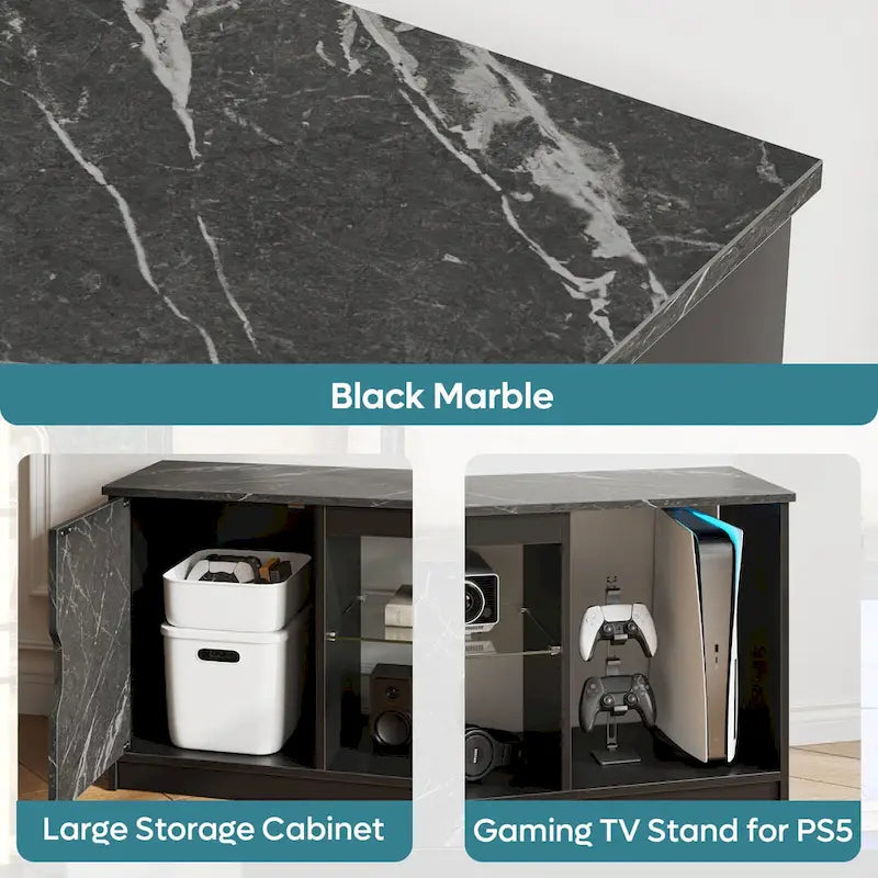 Meuble TV de 58 po, convient aux téléviseurs jusqu'à 65 po, bande lumineuse RVB, tablette réglable en verre trempé, armoire fermée, rangement vertical, marbre noir/blanc délavé, utilisation par 1 personne