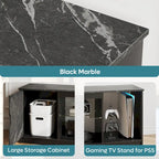 Meuble TV de 58 po, convient aux téléviseurs jusqu'à 65 po, bande lumineuse RVB, tablette réglable en verre trempé, armoire fermée, rangement vertical, marbre noir/blanc délavé, utilisation par 1 personne