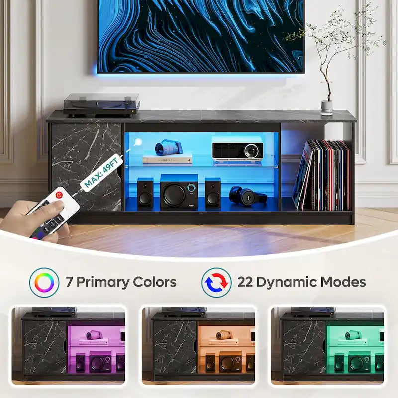 Meuble TV de 58 po, convient aux téléviseurs jusqu'à 65 po, bande lumineuse RVB, tablette réglable en verre trempé, armoire fermée, rangement vertical, marbre noir/blanc délavé, utilisation par 1 personne