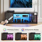 Meuble TV de 58 po, convient aux téléviseurs jusqu'à 65 po, bande lumineuse RVB, tablette réglable en verre trempé, armoire fermée, rangement vertical, marbre noir/blanc délavé, utilisation par 1 personne