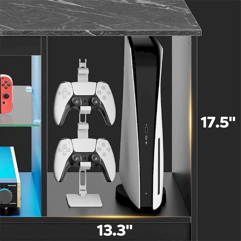 Meuble TV de 58 po, convient aux téléviseurs jusqu'à 65 po, bande lumineuse RVB, tablette réglable en verre trempé, armoire fermée, rangement vertical, marbre noir/blanc délavé, utilisation par 1 personne