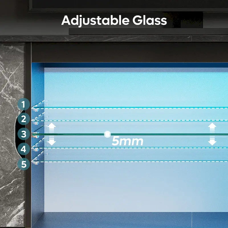 Meuble TV de 58 po, convient aux téléviseurs jusqu'à 65 po, bande lumineuse RVB, tablette réglable en verre trempé, armoire fermée, rangement vertical, marbre noir/blanc délavé, utilisation par 1 personne