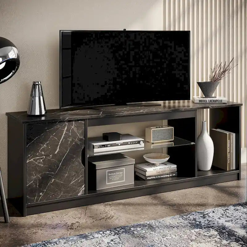 Meuble TV de 58 po, convient aux téléviseurs jusqu'à 65 po, bande lumineuse RVB, tablette réglable en verre trempé, armoire fermée, rangement vertical, marbre noir/blanc délavé, utilisation par 1 personne