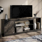 Meuble TV de 58 po, convient aux téléviseurs jusqu'à 65 po, bande lumineuse RVB, tablette réglable en verre trempé, armoire fermée, rangement vertical, marbre noir/blanc délavé, utilisation par 1 personne