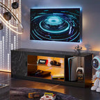 Meuble TV de 58 po, convient aux téléviseurs jusqu'à 65 po, bande lumineuse RVB, tablette réglable en verre trempé, armoire fermée, rangement vertical, marbre noir/blanc délavé, utilisation par 1 personne