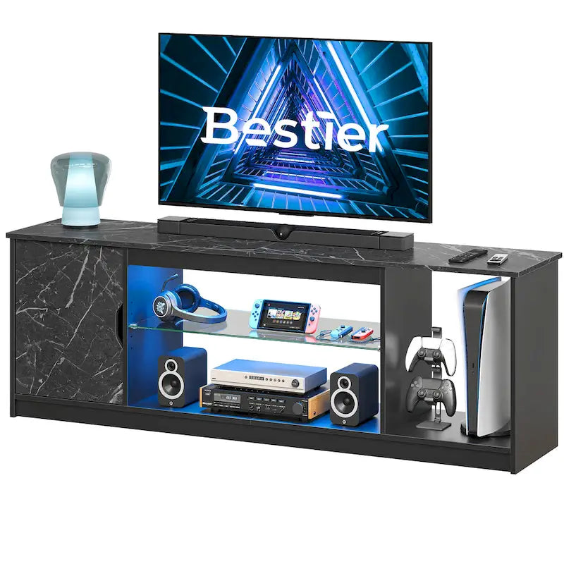 Meuble TV de 58 po, convient aux téléviseurs jusqu'à 65 po, bande lumineuse RVB, tablette réglable en verre trempé, armoire fermée, rangement vertical, marbre noir/blanc délavé, utilisation par 1 personne