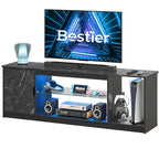 Meuble TV de 58 po, convient aux téléviseurs jusqu'à 65 po, bande lumineuse RVB, tablette réglable en verre trempé, armoire fermée, rangement vertical, marbre noir/blanc délavé, utilisation par 1 personne
