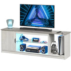 Meuble TV de 58 po, convient aux téléviseurs jusqu'à 65 po, bande lumineuse RVB, tablette réglable en verre trempé, armoire fermée, rangement vertical, marbre noir/blanc délavé, utilisation par 1 personne