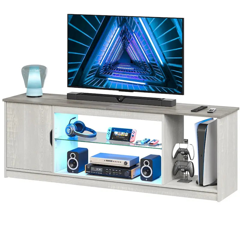 Meuble TV de 58 po, convient aux téléviseurs jusqu'à 65 po, bande lumineuse RVB, tablette réglable en verre trempé, armoire fermée, rangement vertical, marbre noir/blanc délavé, utilisation par 1 personne