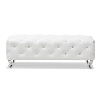 Banc de lit rembourré, similicuir, capitonné avec boutons en cristal, pieds cabriolets chromés, blanc/noir, pour 1 personne