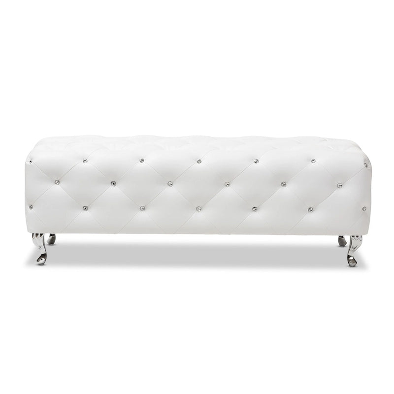Banc de lit rembourré, similicuir, capitonné avec boutons en cristal, pieds cabriolets chromés, blanc/noir, pour 1 personne