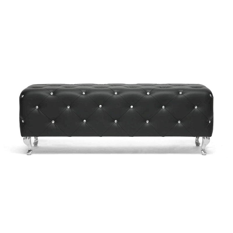 Banc de lit rembourré, similicuir, capitonné avec boutons en cristal, pieds cabriolets chromés, blanc/noir, pour 1 personne