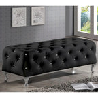 Banc de lit rembourré, similicuir, capitonné avec boutons en cristal, pieds cabriolets chromés, blanc/noir, pour 1 personne