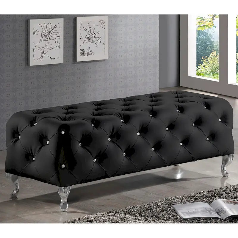 Banc de lit rembourré, similicuir, capitonné avec boutons en cristal, pieds cabriolets chromés, blanc/noir, pour 1 personne