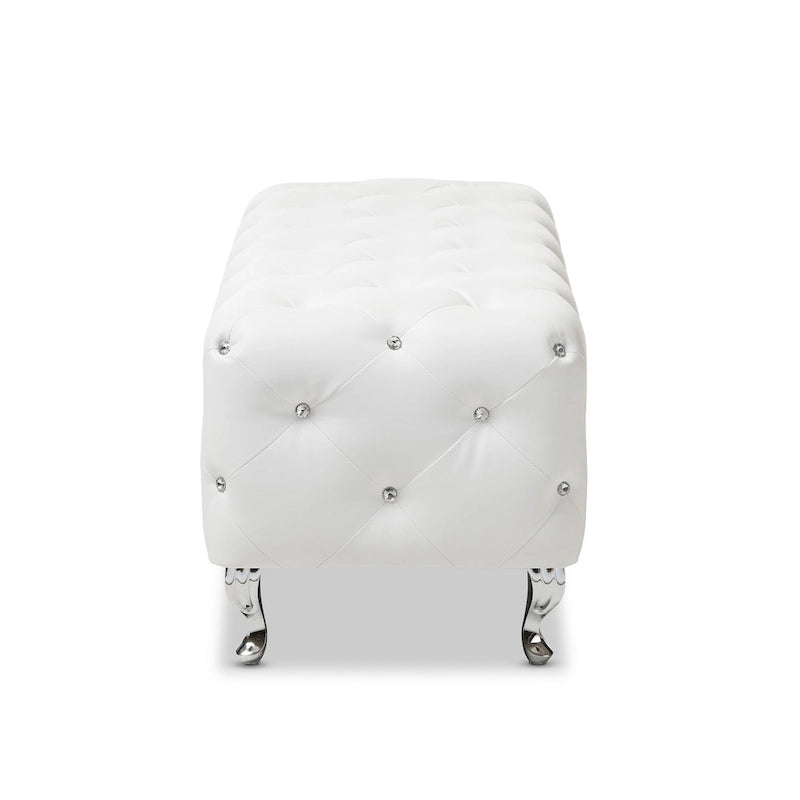 Banc de lit rembourré, similicuir, capitonné avec boutons en cristal, pieds cabriolets chromés, blanc/noir, pour 1 personne