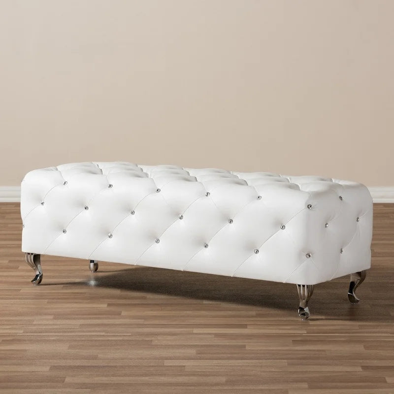 Banc de lit rembourré, similicuir, capitonné avec boutons en cristal, pieds cabriolets chromés, blanc/noir, pour 1 personne