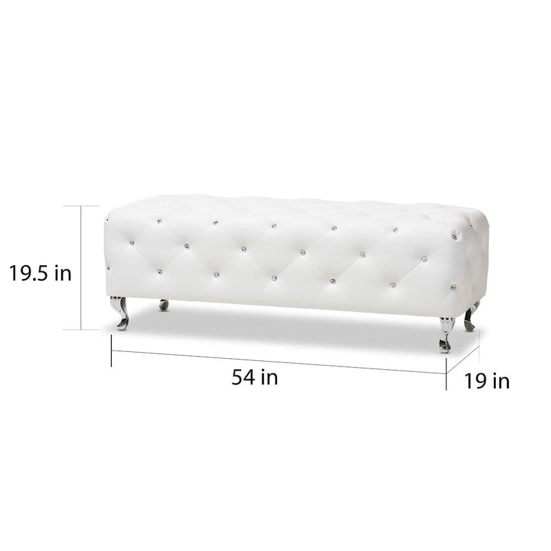Banc de lit rembourré, similicuir, capitonné avec boutons en cristal, pieds cabriolets chromés, blanc/noir, pour 1 personne