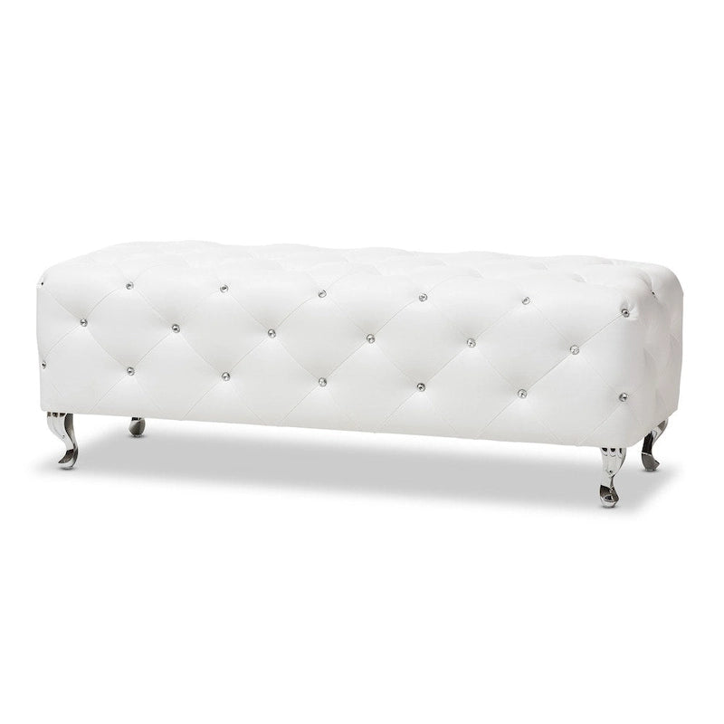 Banc de lit rembourré, similicuir, capitonné avec boutons en cristal, pieds cabriolets chromés, blanc/noir, pour 1 personne