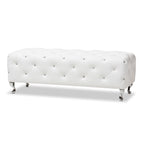 Banc de lit rembourré, similicuir, capitonné avec boutons en cristal, pieds cabriolets chromés, blanc/noir, pour 1 personne