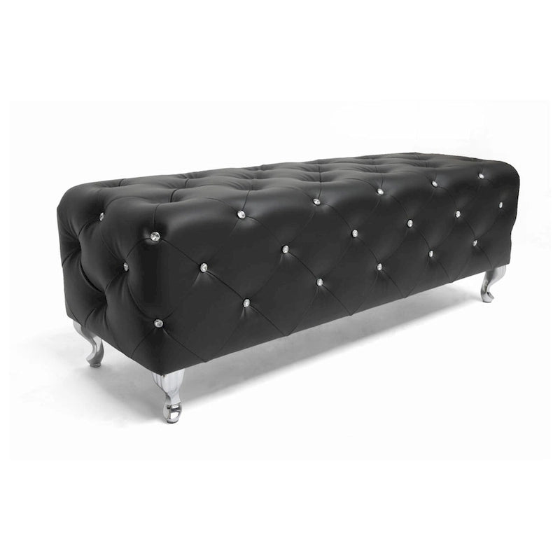 Banc de lit rembourré, similicuir, capitonné avec boutons en cristal, pieds cabriolets chromés, blanc/noir, pour 1 personne