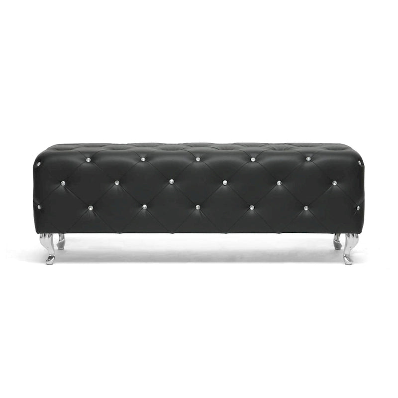 Banc de lit rembourré, similicuir, capitonné avec boutons en cristal, pieds cabriolets chromés, blanc/noir, pour 1 personne