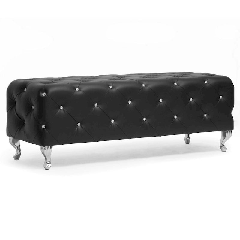 Banc de lit rembourré, similicuir, capitonné avec boutons en cristal, pieds cabriolets chromés, blanc/noir, pour 1 personne