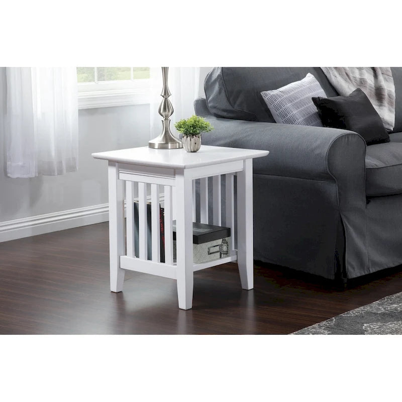 Table d'appoint style Mission, bois massif, finition 5 étapes, plateau carré, Noyer / Expresso / Blanc / Gris, utilisation 1 personne