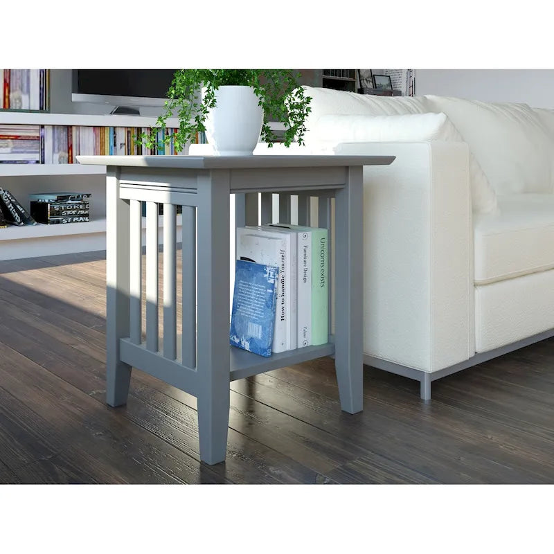 Table d'appoint style Mission, bois massif, finition 5 étapes, plateau carré, Noyer / Expresso / Blanc / Gris, utilisation 1 personne