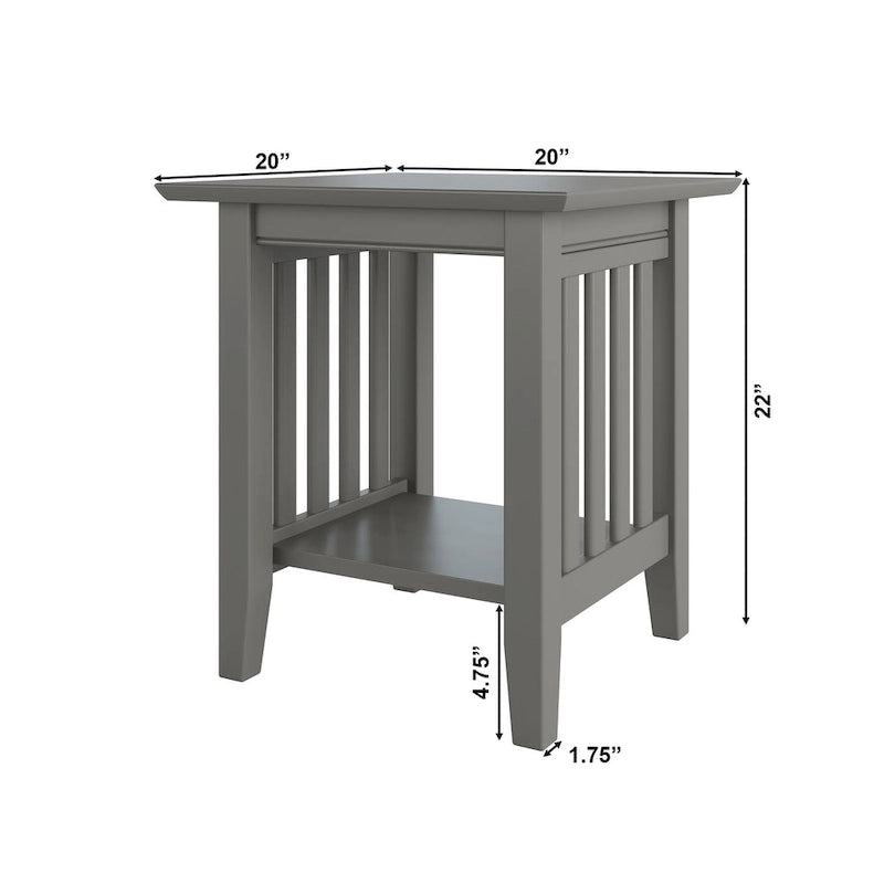 Table d'appoint style Mission, bois massif, finition 5 étapes, plateau carré, Noyer / Expresso / Blanc / Gris, utilisation 1 personne