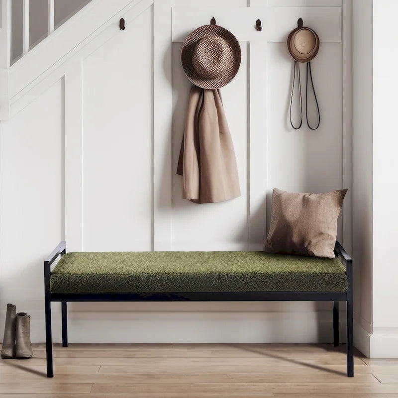 Banc d'appoint rembourré, tissu bouclette, pieds en acier laqué, vert/blanc cassé, 2 places
