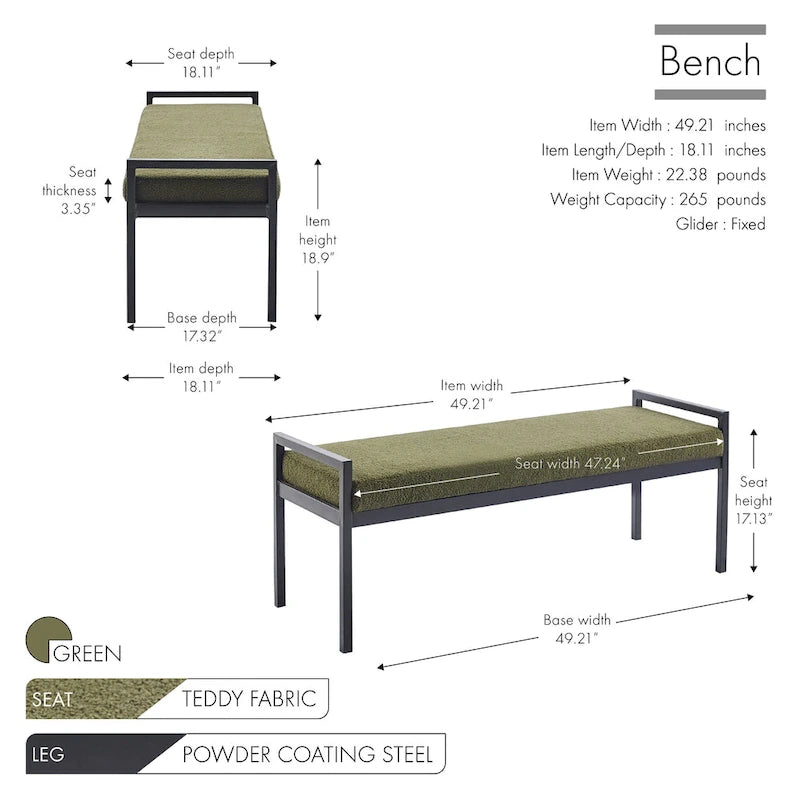 Banc d'appoint rembourré, tissu bouclette, pieds en acier laqué, vert/blanc cassé, 2 places