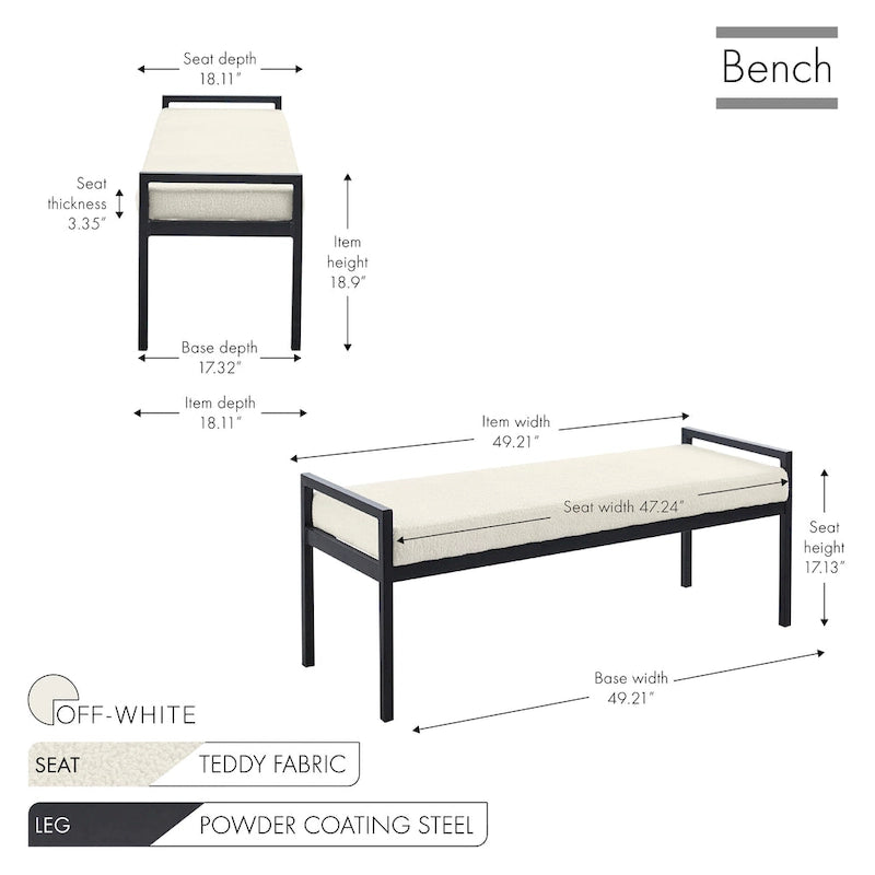 Banc d'appoint rembourré, tissu bouclette, pieds en acier laqué, vert/blanc cassé, 2 places