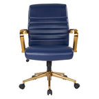 Chaise de bureau mi-dossier, similicuir, soutien lombaire intégré, inclinaison verrouillable, base et accoudoirs dorés, roulettes doubles, marine / selle / crème / noir / blanc, usage individuel