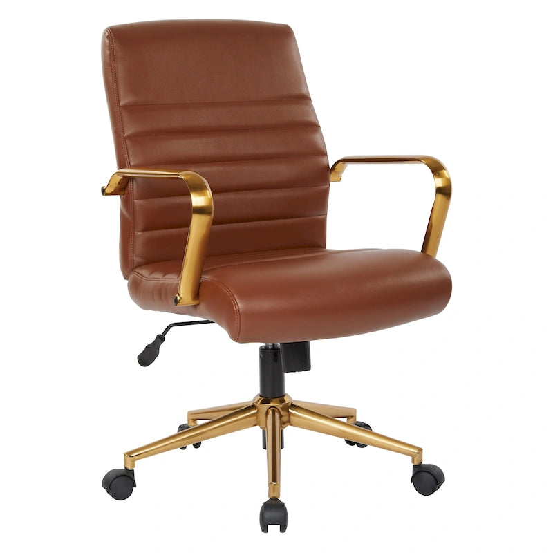 Chaise de bureau mi-dossier, similicuir, soutien lombaire intégré, inclinaison verrouillable, base et accoudoirs dorés, roulettes doubles, marine / selle / crème / noir / blanc, usage individuel