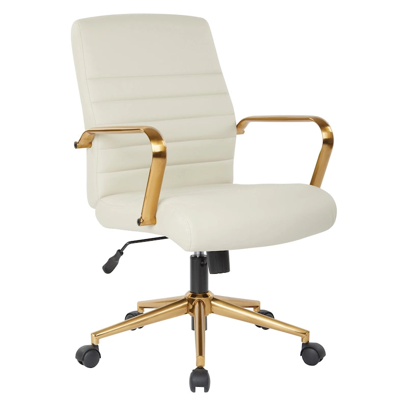 Chaise de bureau mi-dossier, similicuir, soutien lombaire intégré, inclinaison verrouillable, base et accoudoirs dorés, roulettes doubles, marine / selle / crème / noir / blanc, usage individuel