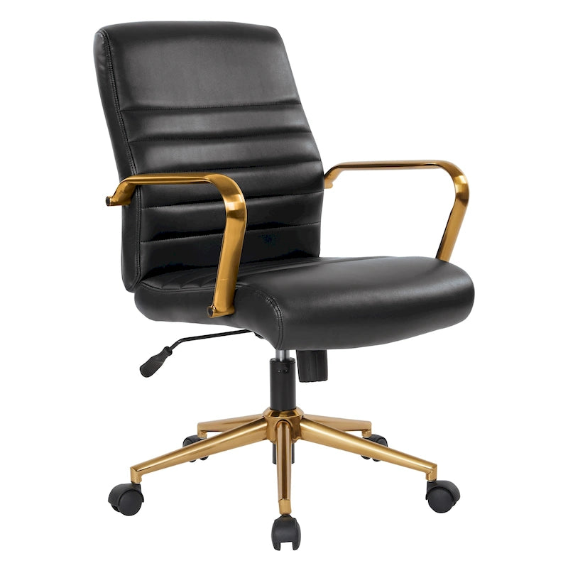 Chaise de bureau mi-dossier, similicuir, soutien lombaire intégré, inclinaison verrouillable, base et accoudoirs dorés, roulettes doubles, marine / selle / crème / noir / blanc, usage individuel