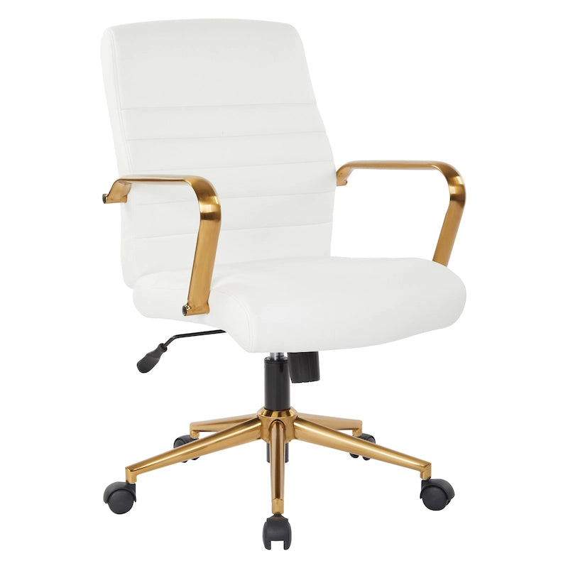 Chaise de bureau mi-dossier, similicuir, soutien lombaire intégré, inclinaison verrouillable, base et accoudoirs dorés, roulettes doubles, marine / selle / crème / noir / blanc, usage individuel